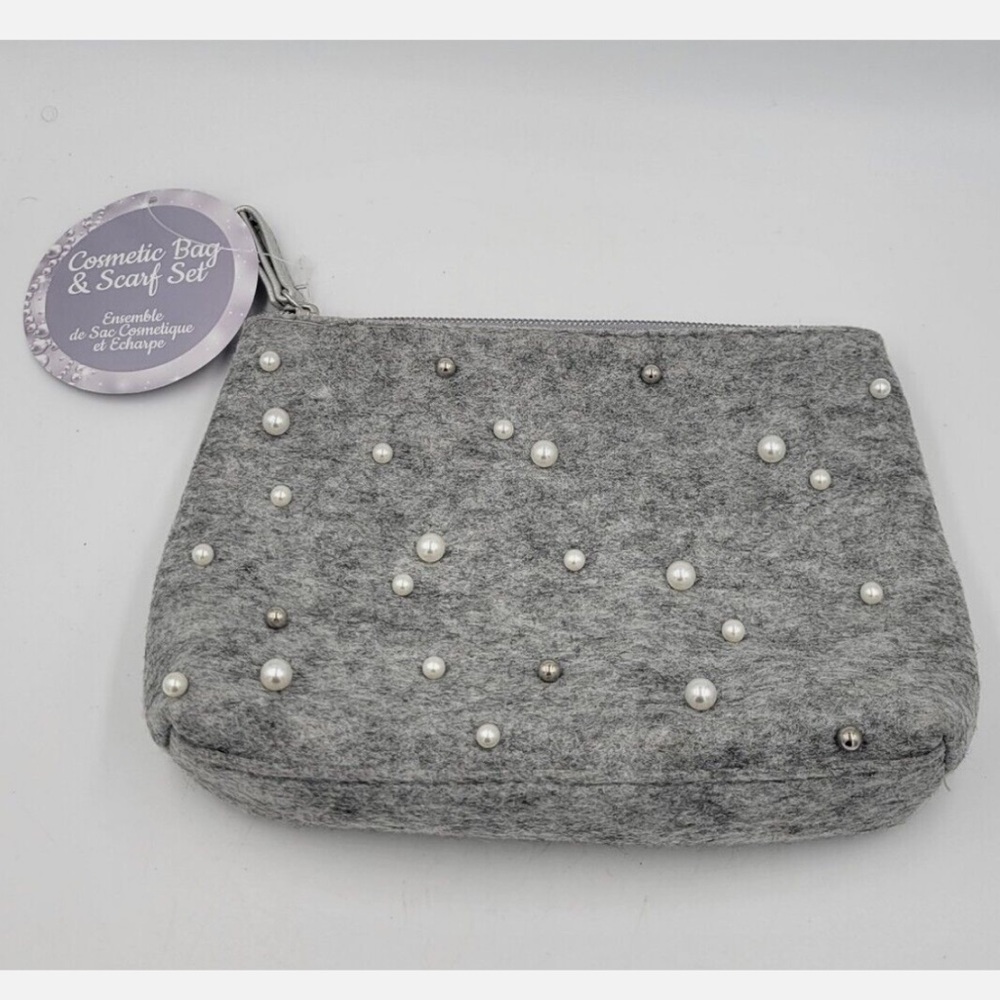 Gray Cosmetic Bag with Pearl Accents